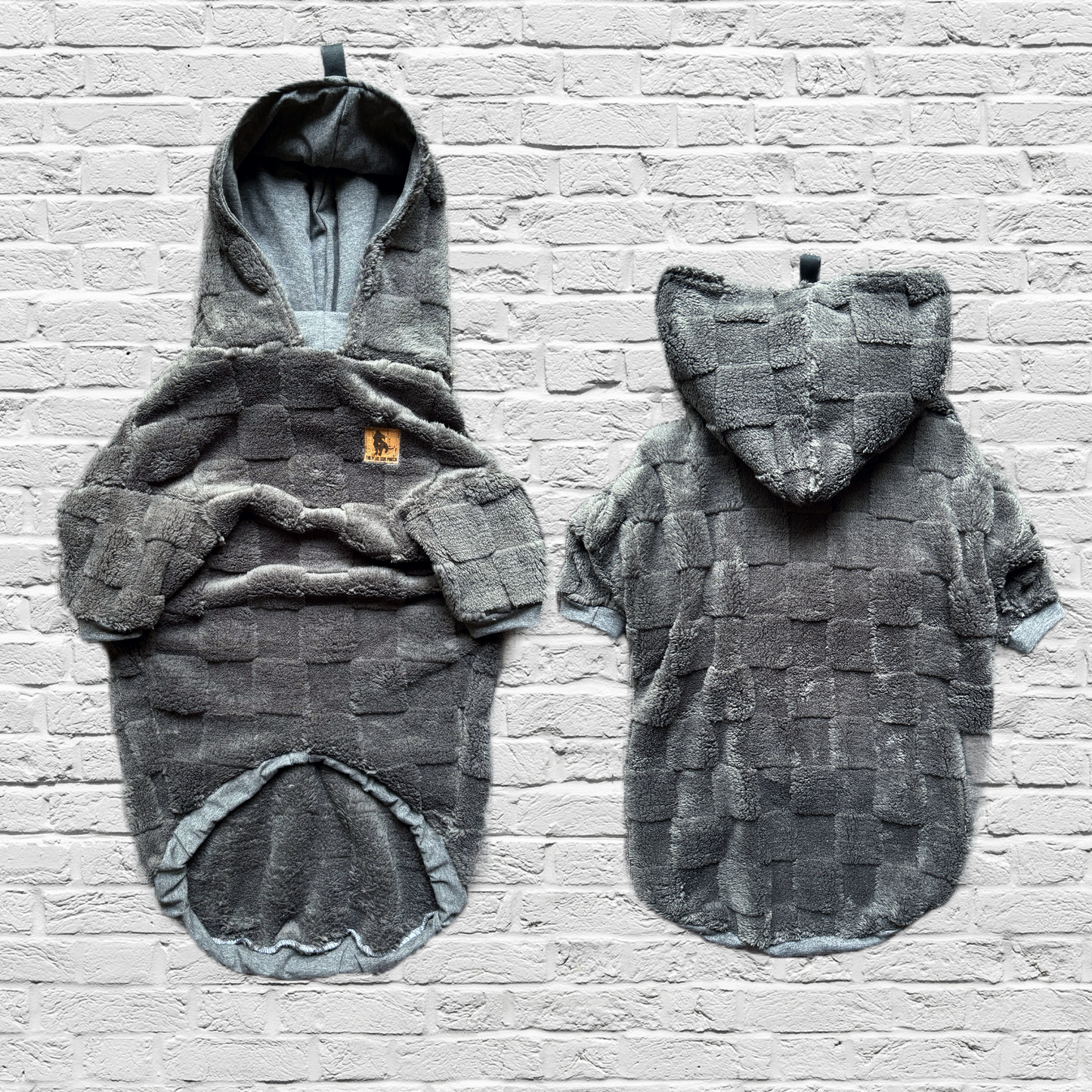 Checkered Floof - Charcoal - Hooded Long Sleeve Fleece