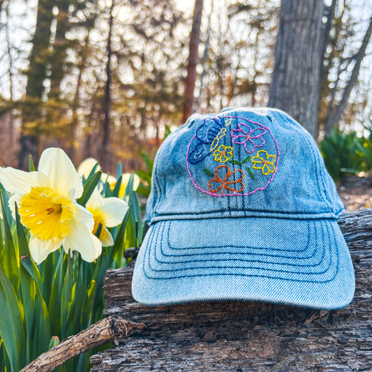 Faded Denim Hand Embroidered Ball Cap