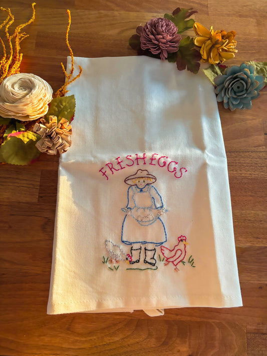 Fresh Eggs - Hand Embroidered Decorative Kitchen Tea Towel