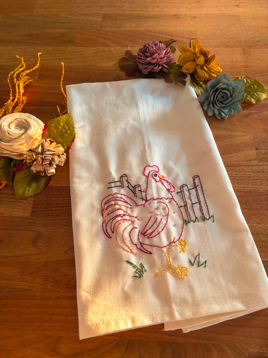 Rooster - Hand Embroidered Decorative Kitchen Tea Towel