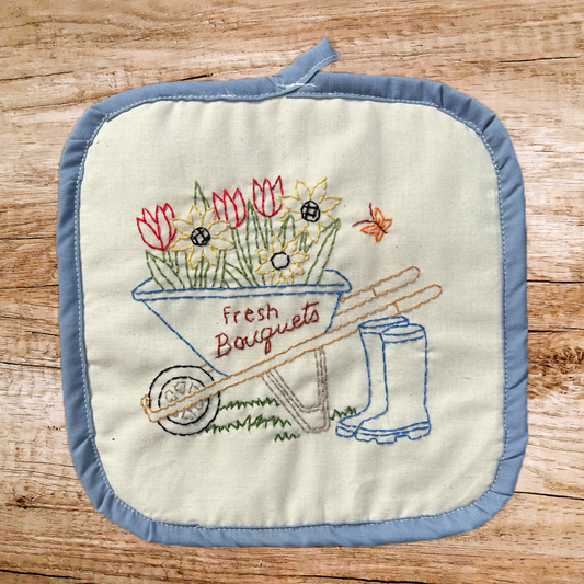 Hand embroidered and handmade decorative hot pad - The Rabbit Hole Collection